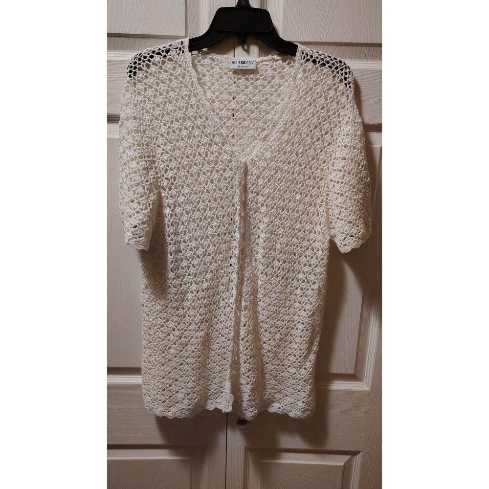 White Stag‎ Boho Cottage-Core Grandma-Core Ivory Open-Knit Crochet Cardigan XL
